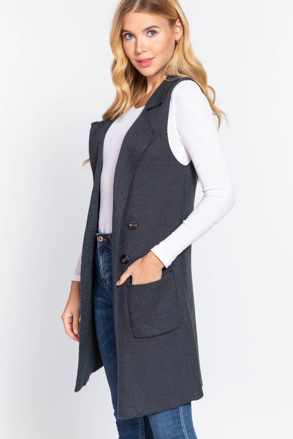 Active Basic | Active USA - Wholesale Outerwear Vest - Women's - Sleeveless Notched Collar Long Sweater Vest11
