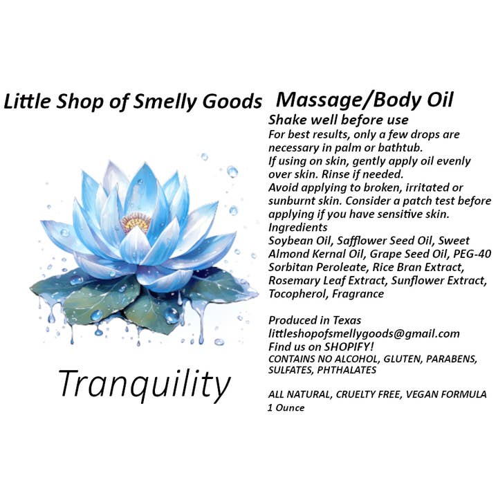 Tranquility Massage and Body Oil for wholesale by Little Shop of Smelly Goods
