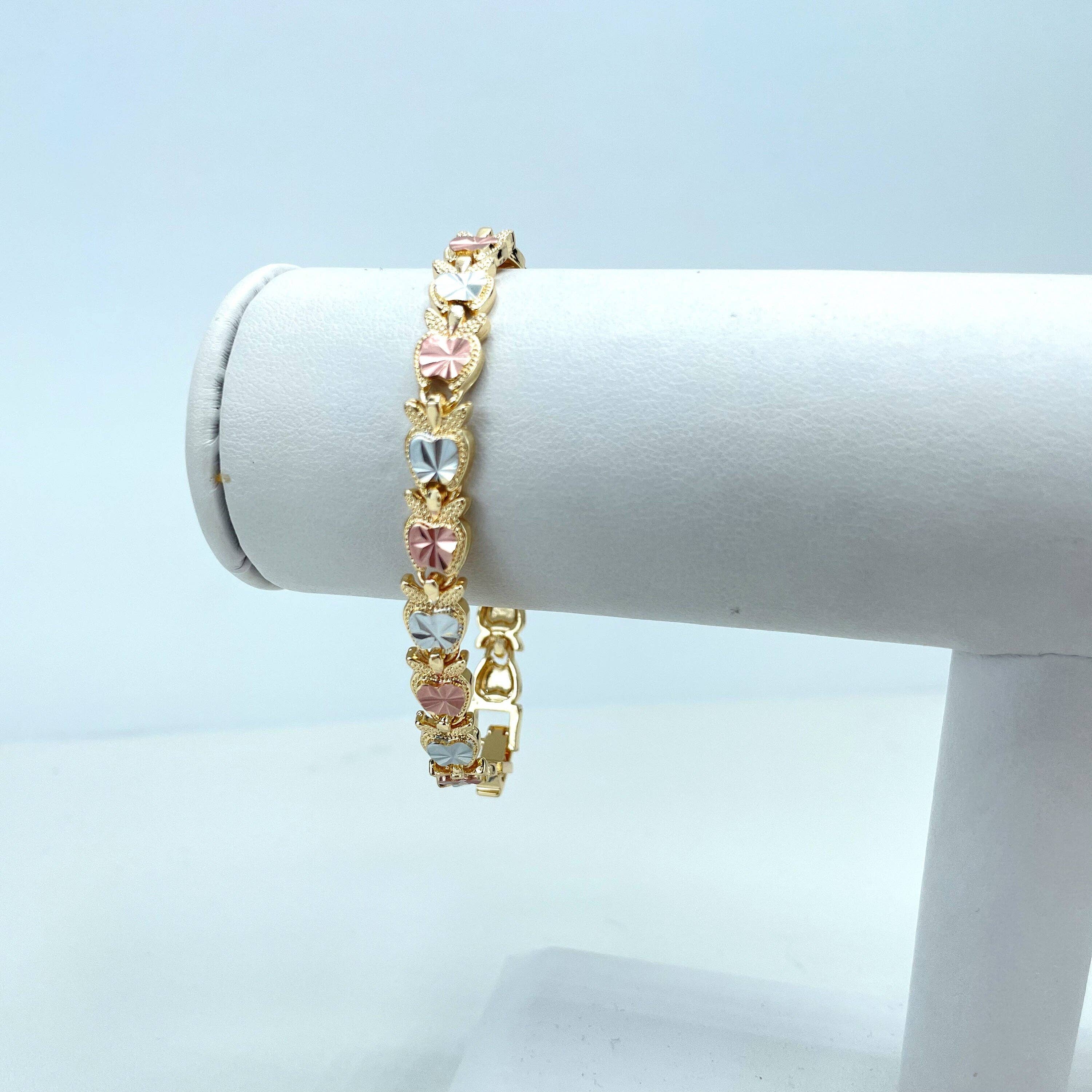 DIJU Jewelry - Wholesale Link & Chain Bracelet - 18k Gold Filled Tri-Tone Apple Heart Shape Linked Chain Bracelet, Tri-Color Bracelet, Wholesale Jewelry Making Supplies4
