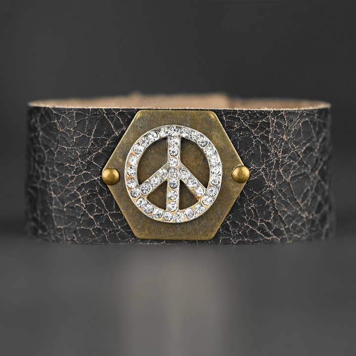 Midsize Leather Cuff with Vintage Crystal Peace Sign for wholesale by KBD Studio