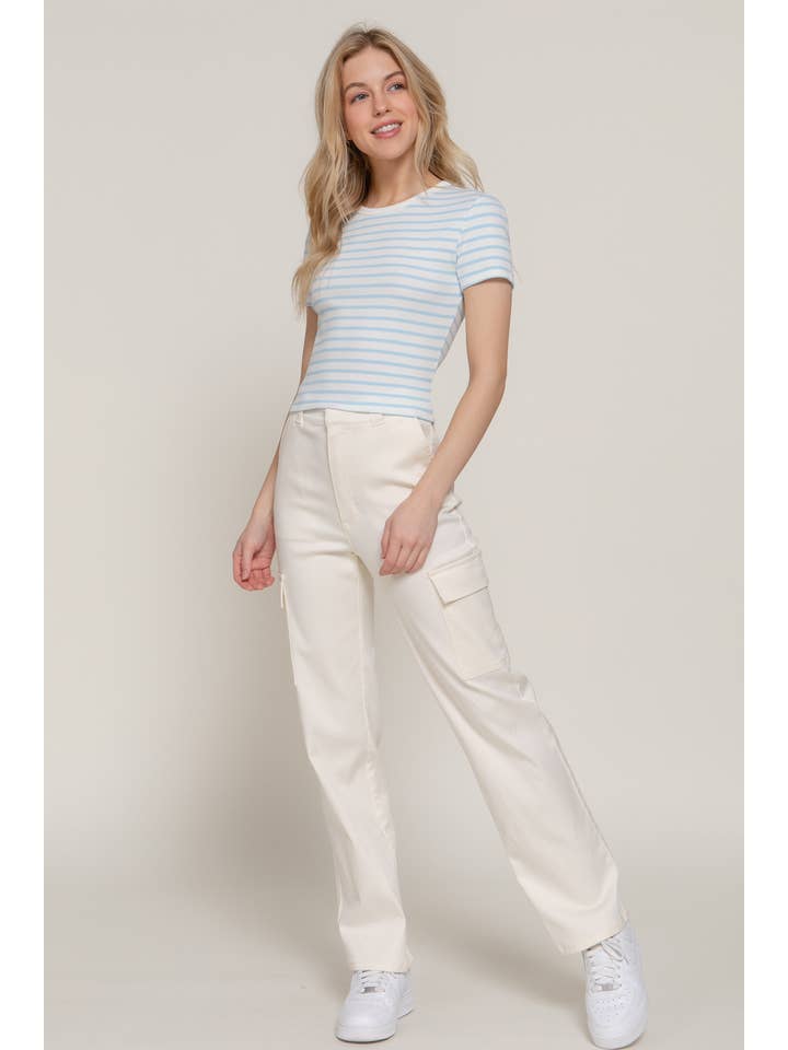 Active Basic | Active USA - Vendita all'ingrosso Top in maglia - Donna - Top a righe in cotone a costine con maniche corte e collo rotondo19