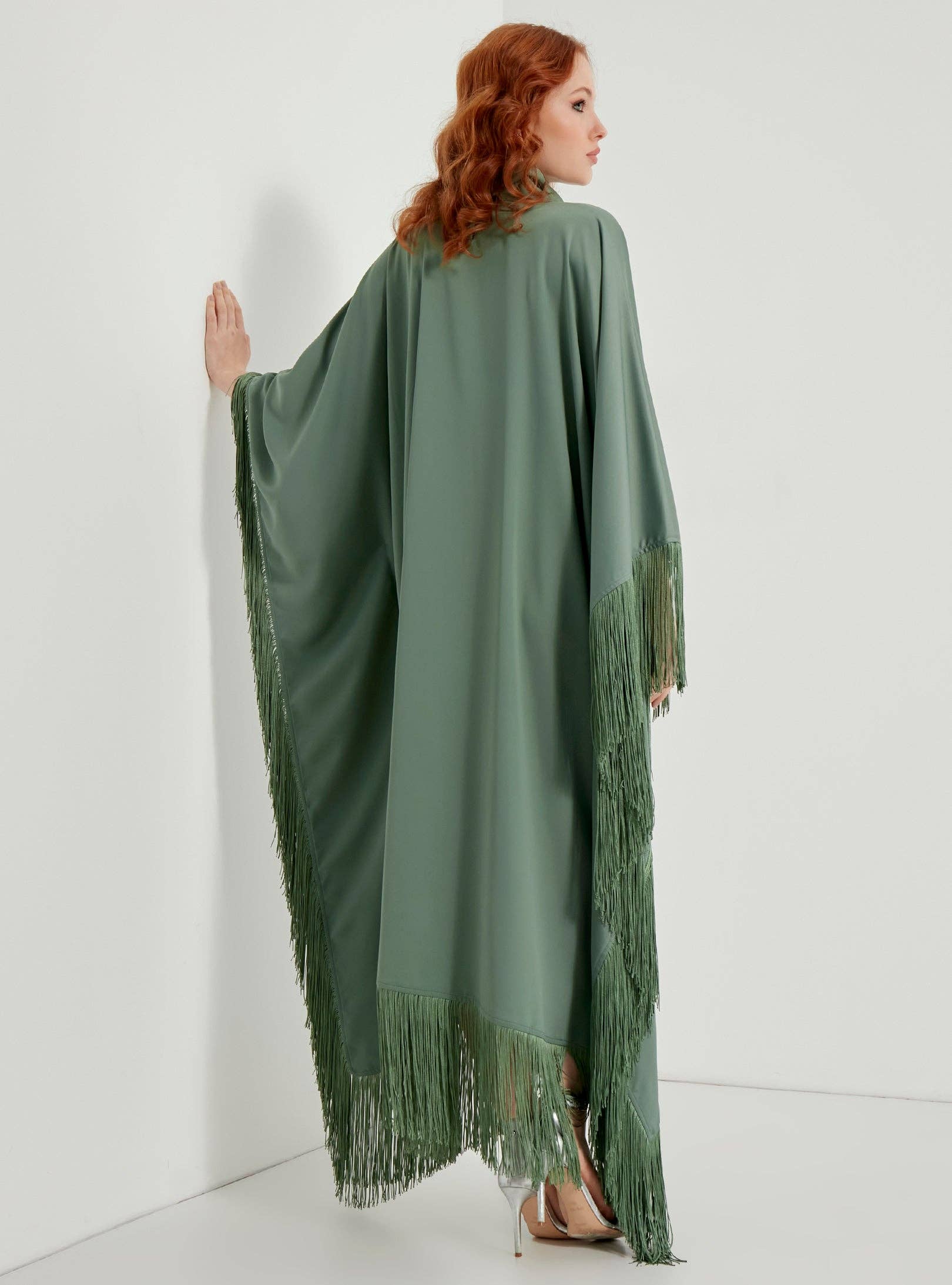 Store WF – wholesale Kaftan – Women's – Mint Fringed Kaftan Dress With Tie Neck Detailed6