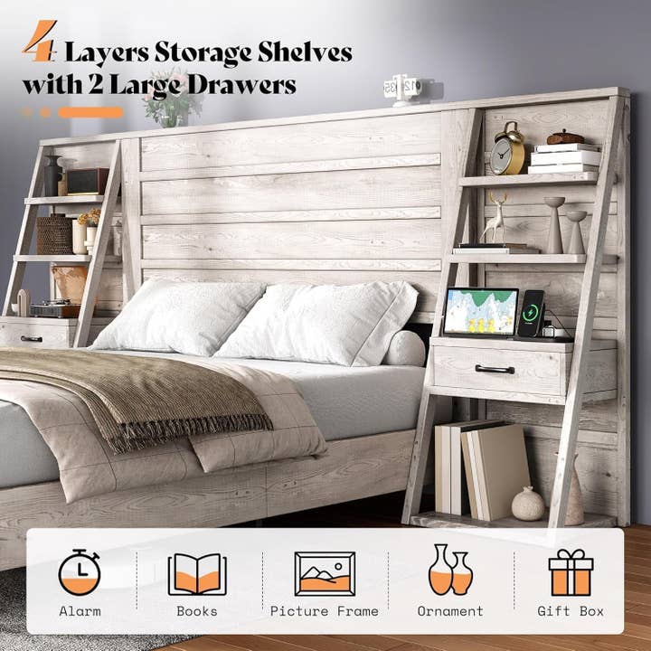 Rustic White King Platform Bed Frame With Bookcase Headboard USB Charging for wholesale on Faire2