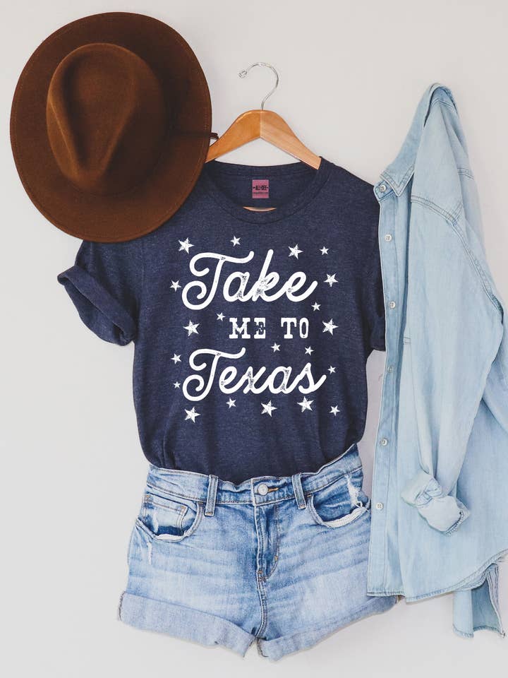 Take Me To Texas Western Graphic Tee - Heather Denim for wholesale by Ali Dee