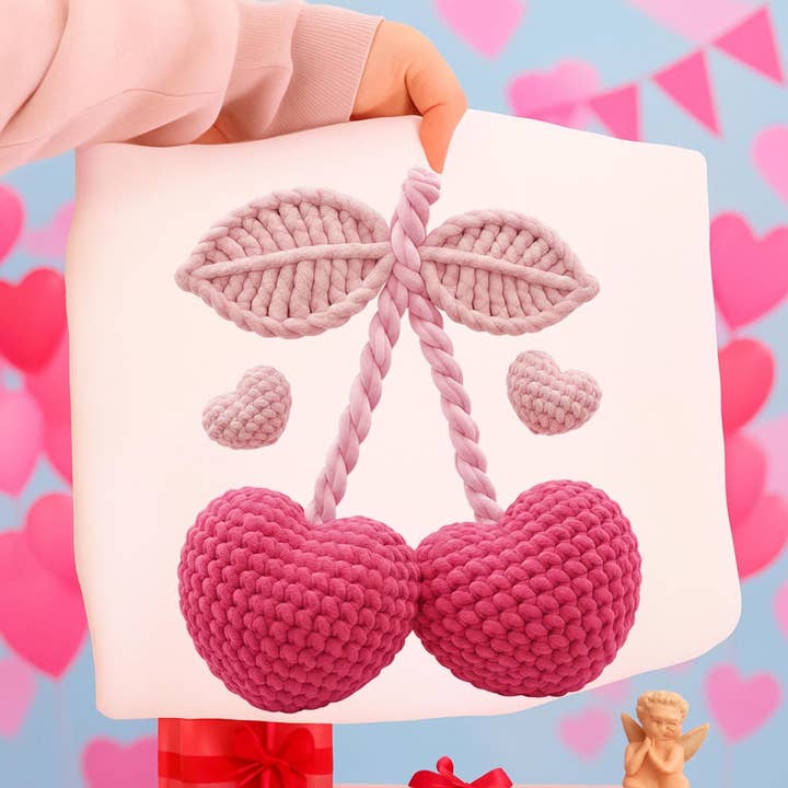 Maglia con cuori ciliegia in finto filato, maglione di San Valentino in finto crochet per la vendita all'ingrosso da parte di DLT Ecommerce