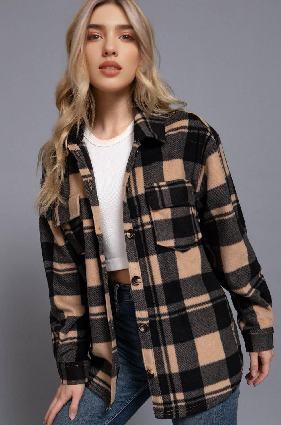 42POPS - Wholesale Shirt Jacket/Shacket - Women's - ,,,,,._ 0711 Long Sleeve Check Printed Fleece Shacket SI-28274