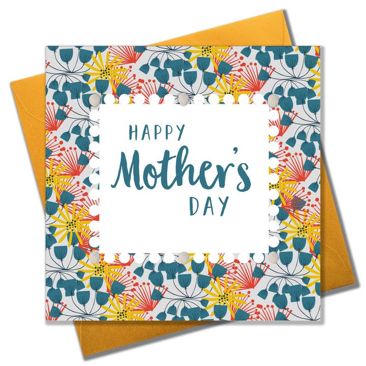 Moederdagkaart, bloemenpatroon, verfraaid met kleurrijke pompons voor wholesale door Claire Giles Ltd