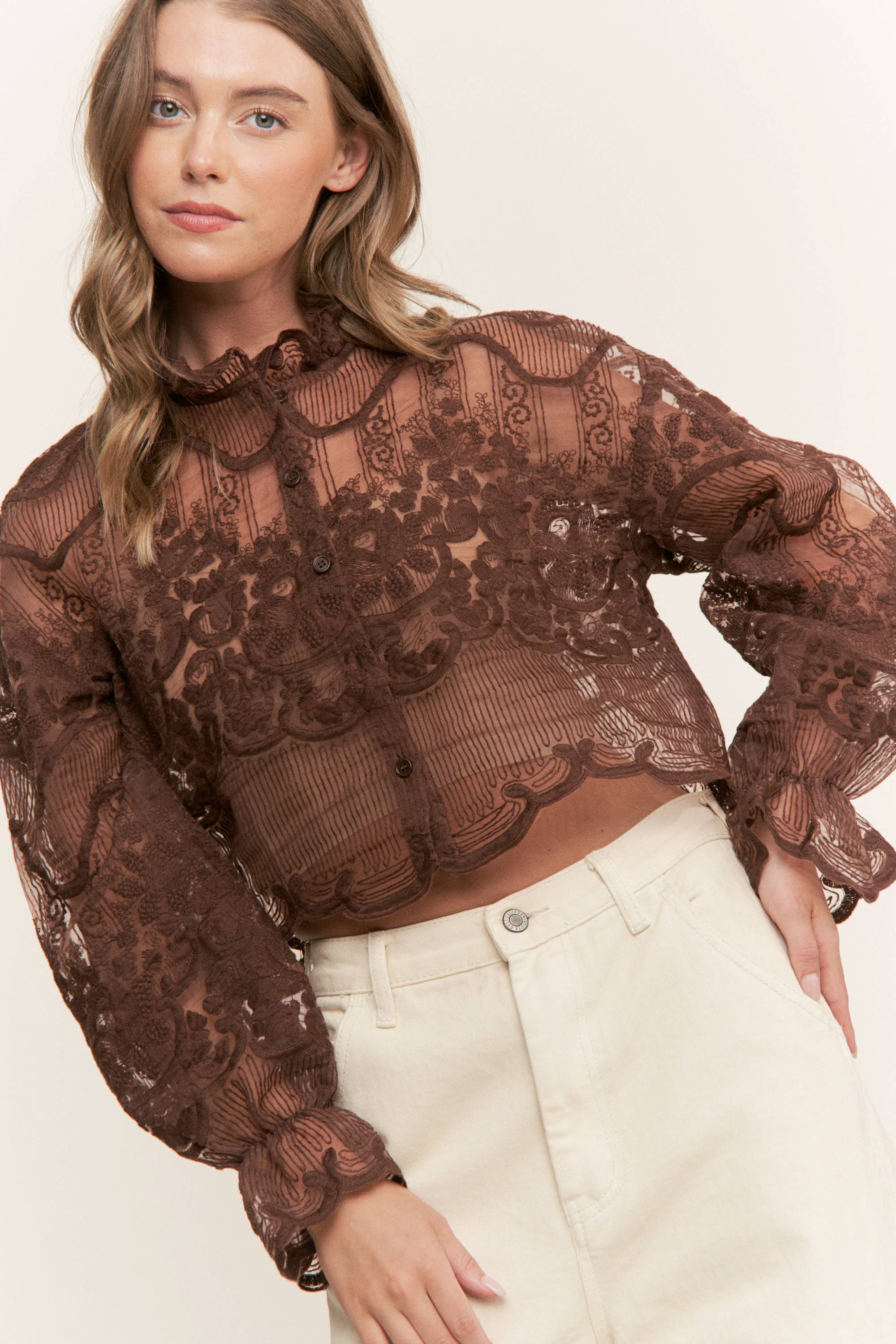 Sweet Generis - Wholesale Blouse - Women's - CHIC MODERN CROCHET EMBROIDERY BUTTON DOWN BLOUSE SHIRT TOP 24