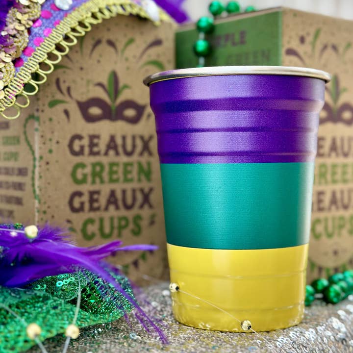 WHEREable Art, LLC - Wholesale Drinking Glass/Cup - Mardi Gras Geaux Green Geaux Cups