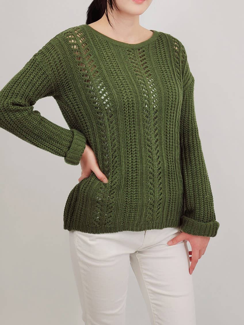 Mak - Wholesale Knit Sweater - Women's - Leaf Crochet Detailed Rolled Up Sleeve Sweater HB20529