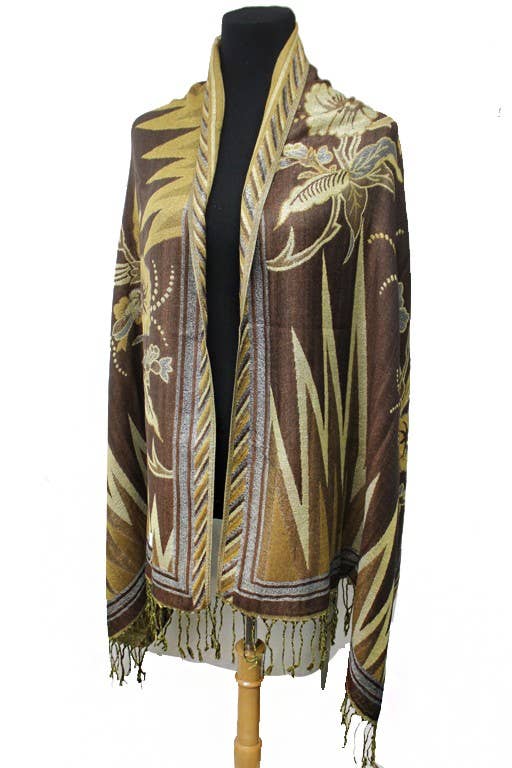 Cap Zone - Wholesale Scarf - Women's - Sharp Geometric Golden Shimmered Floral Pashminas1