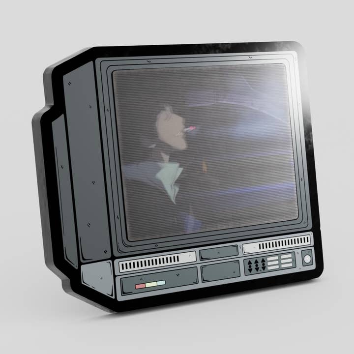 2.5" Lenticular Anime Cowboy Bepop CRTV Enamel Pin for wholesale by GoopyGoblins