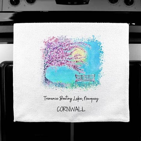 Luxury Handprinted Teatowel, Trenance Boating Lake, Newquay for wholesale by H'Art and Design