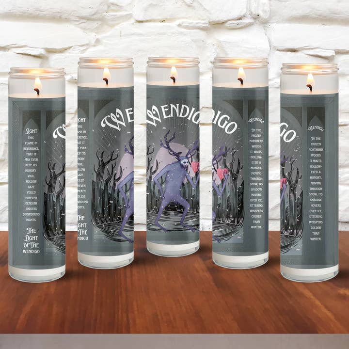 Art Deco Wendigo Cryptid Winter Bookstore Christmas Candle for wholesale by Cryptic Paper Co.