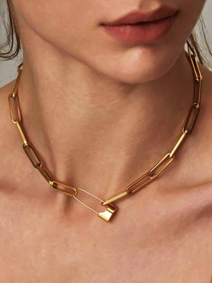 Collar de cadena de acero inoxidable impermeable chapado en oro de 18 quilates - 6845 para venta al por mayor de Mia Accessories