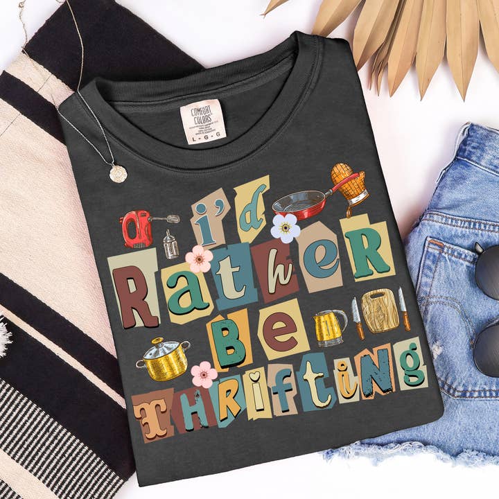 I'd Rather Be Thrifting Magazine Letters Graphic Tee for wholesale by Haysville House