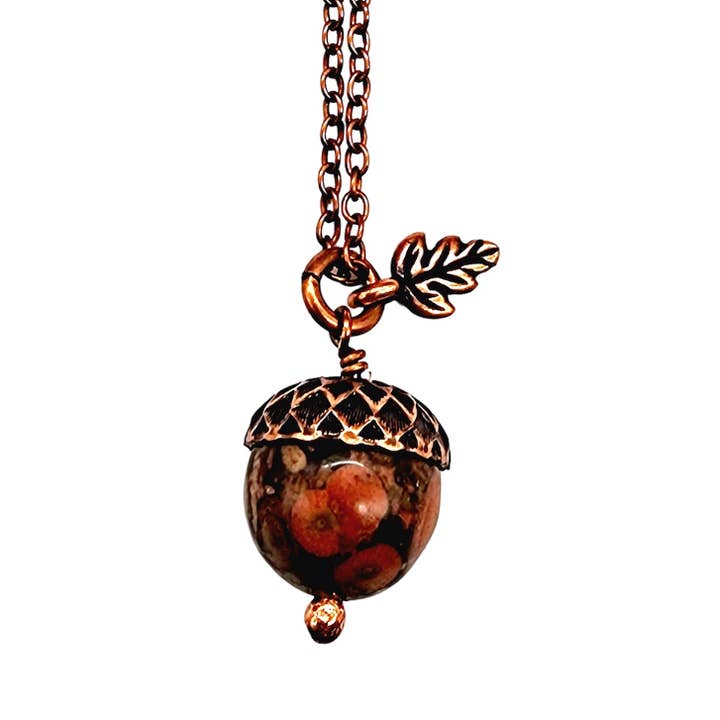 MergingMetals - Wholesale Pendant/Charm Necklace - Acorn Necklace-Poppy Jasper