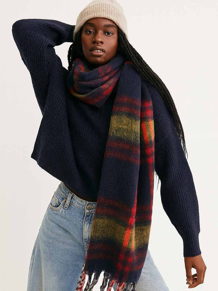 Ladies Winter Bouclé Yarn Checked Fringe Shawl Knit Scarf for wholesale by Sweetkama