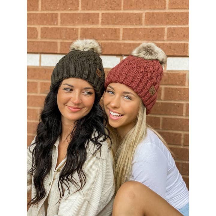 C.C Beanie - Wholesale Beanie - Women's - Solid Lattice Stitch Fur Pom CC Beanie YJ826