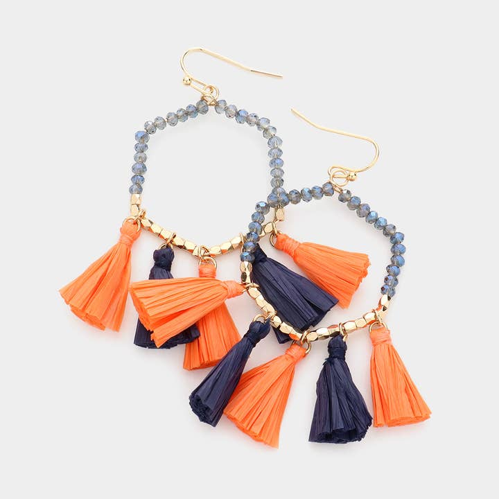 Sensibling Corp. - Wholesale Tassel Earrings - Game Day Beaded Open Hexagon Raffia Tassel Dangle Earrings