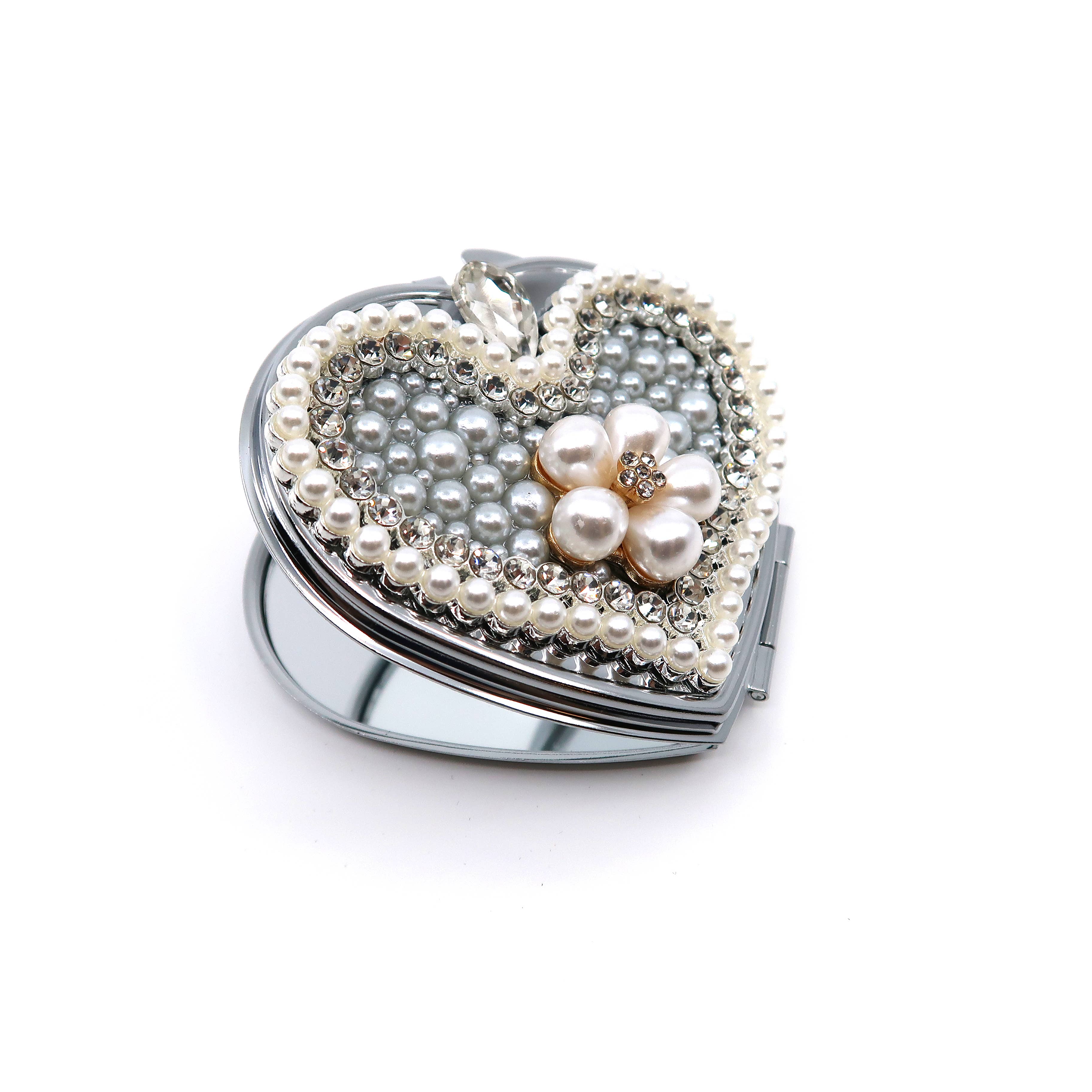 SILVER Flower Pearl Charm Heart Hand Mirror SS3222-27 (6PC) for wholesale on Faire1