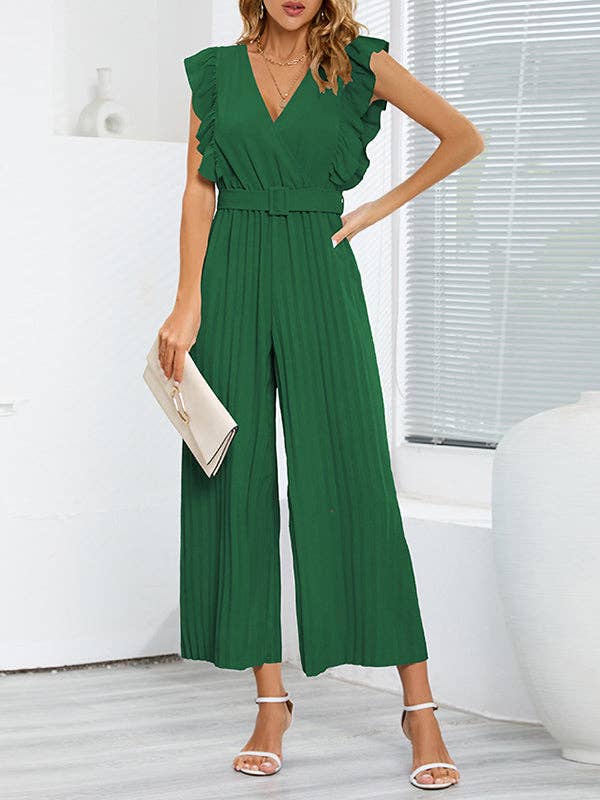 High Waisted Loose Belted Pleated Ruffled Solid Color V-Neck Jumpsuits for wholesale by VividLux
