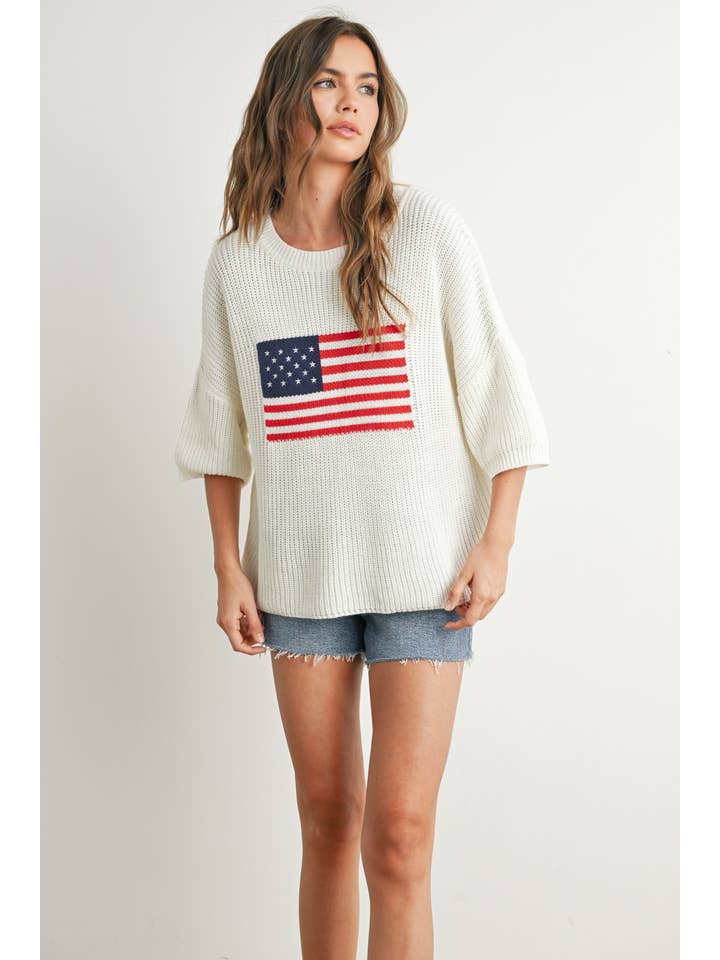 BUTTERMELON - Wholesale Knit Sweater - Women's - Flag Print Knit Sweater - BMW7691