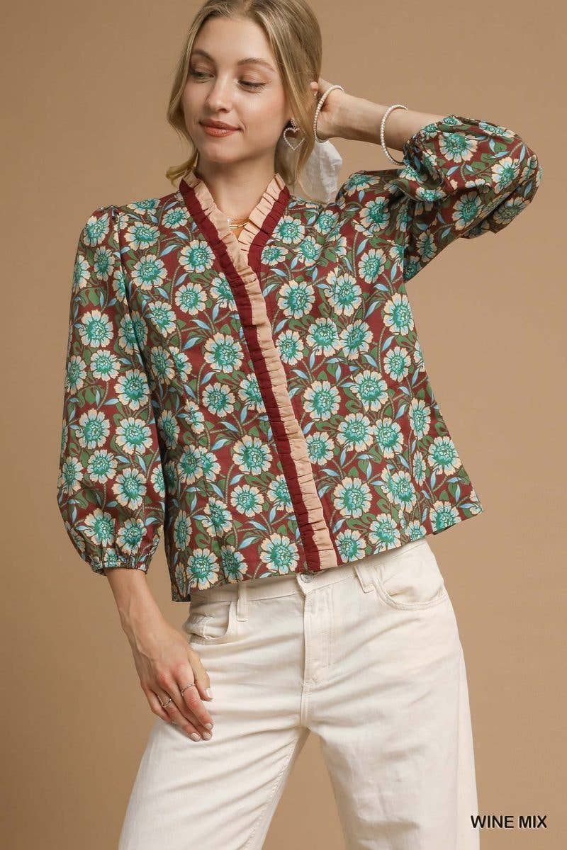 Vanilla Monkey - Wholesale Blouse - Women's - Floral Ruffle Trim Blouse With 3/4 Sleeves1