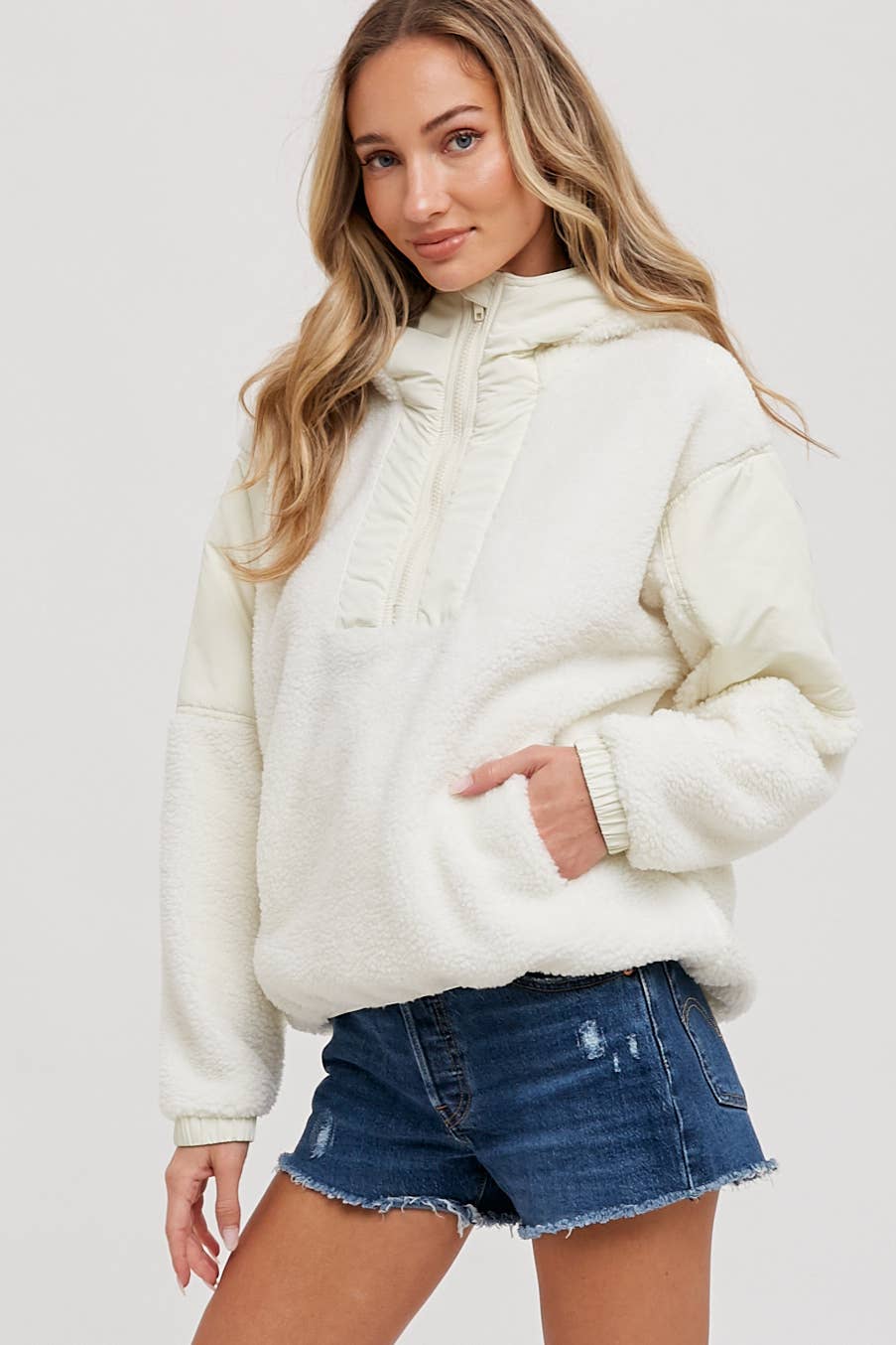 Bluivy - Wholesale Hoodie - Women's - FAUX SHEARLING CONTRAST HOODIE1