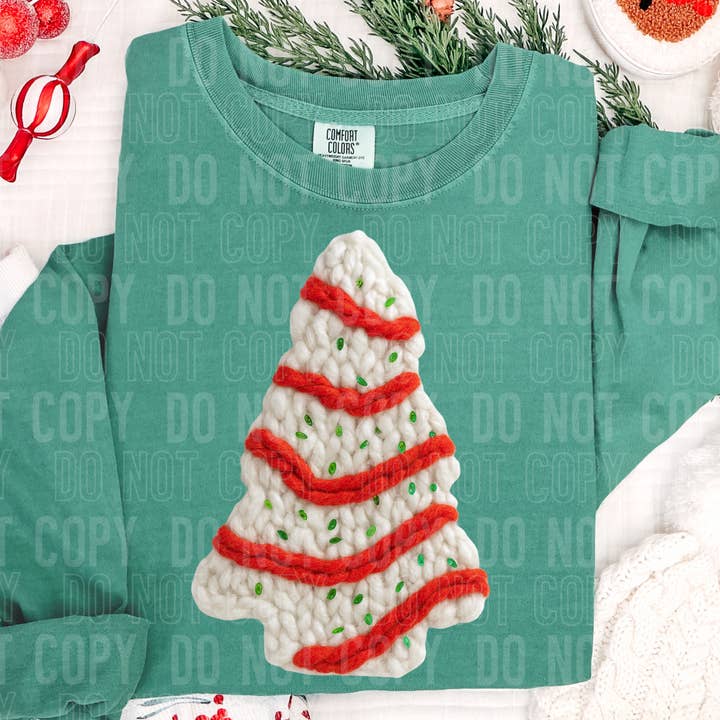 Christmas Tree Snack Cake Faux Yarn DTF Print for wholesale by 6:19 Creative