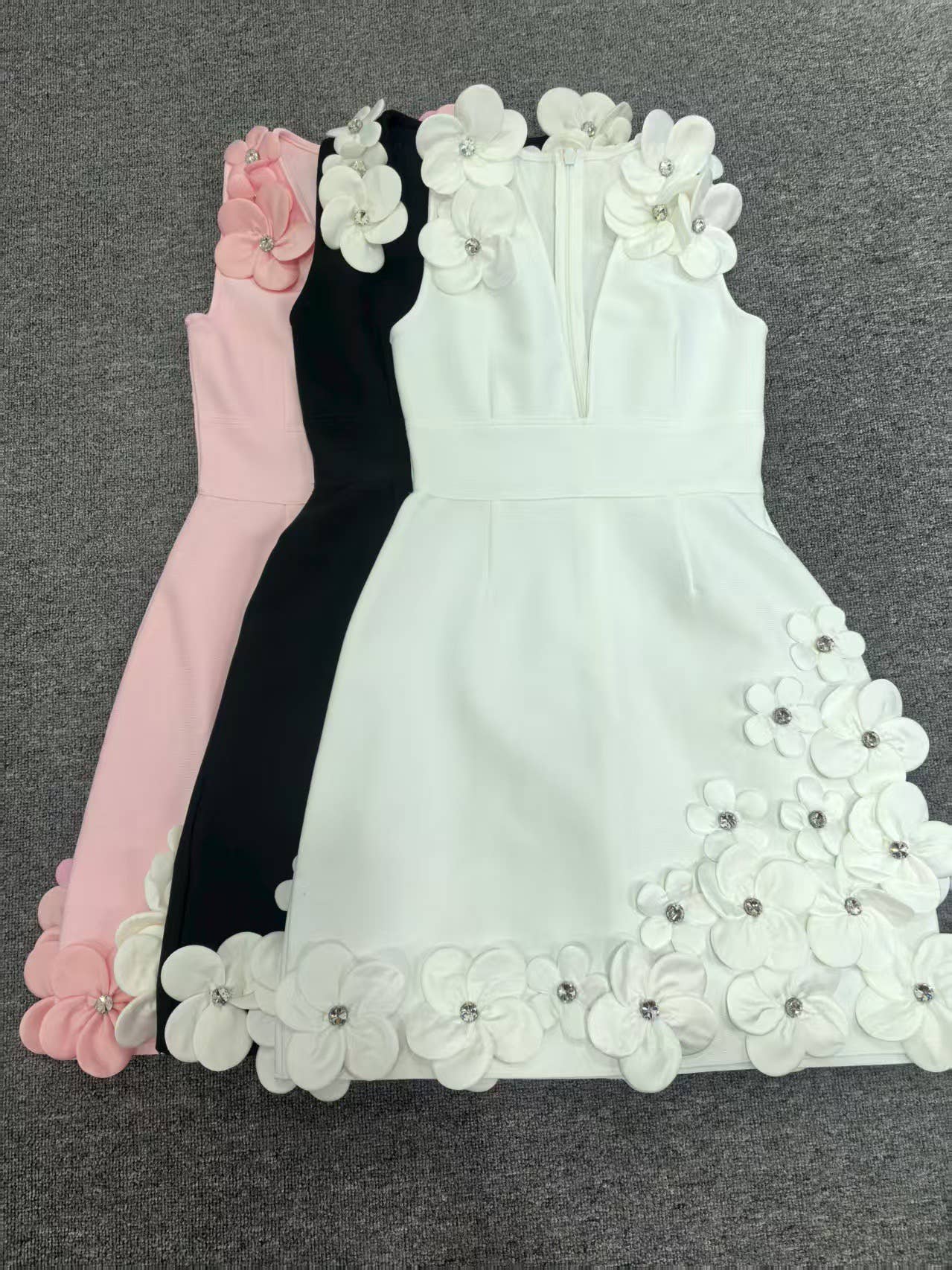 Productseeker - Wholesale Dress - Women's - DR524Y Suspender Mini Dress with Contrast 3D Floral Designs2