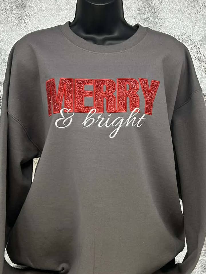 Merry & Bright Glitter Christmas Holiday Crewneck - Charcoal for wholesale by KDI Print & Embroidery