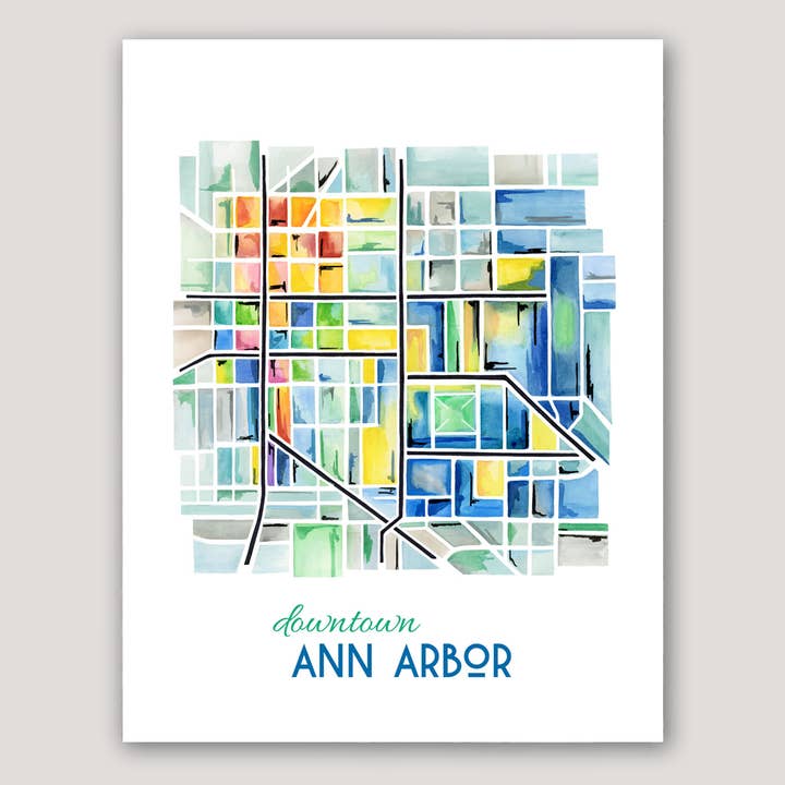 Downtown Ann Arbor Map (Michigan) watercolor print for wholesale by Emily Frushour