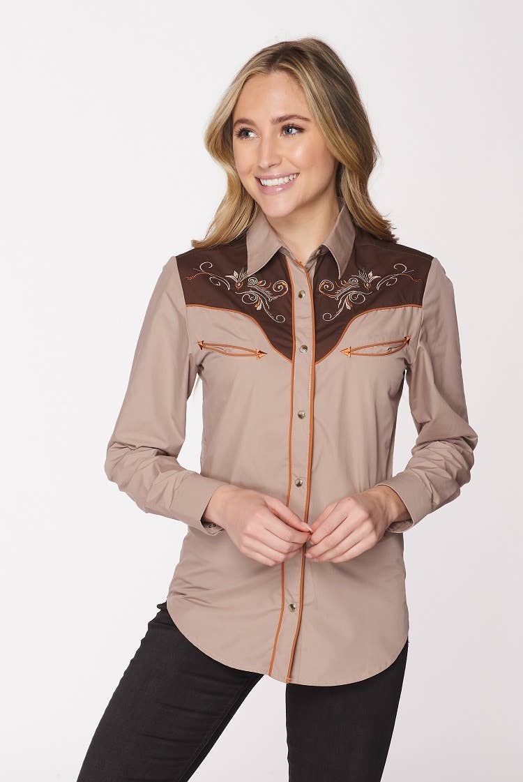 Rodeo Clothing - Vente Chemise à col boutonné – femme - Robe brodée à manches longues d'inspiration western pour femmes76