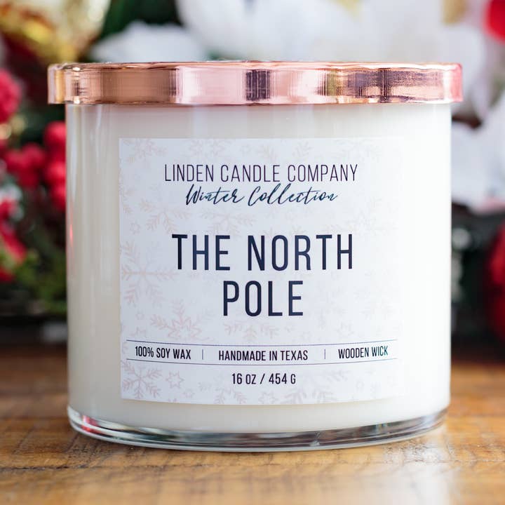 The North Pole 16oz Seasonal Winter Soy Candle for wholesale by Linden Candle Company