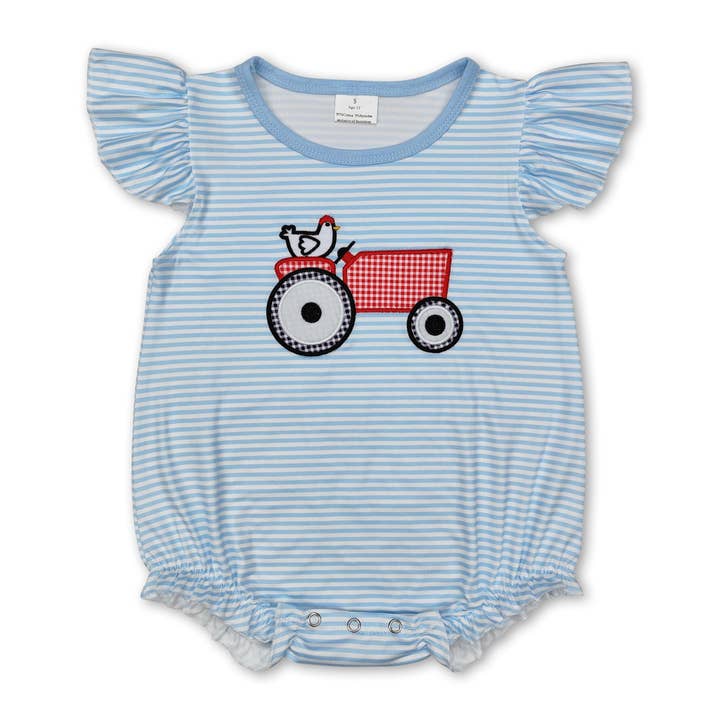 Flutter sleeves stripe chicken tractor baby girl farm romper for wholesale by Yawoo Garments
