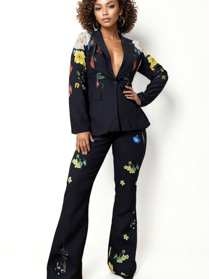 GF1198 FITTED FLORAL JACKET / PANT SET for wholesale by N by Nancy