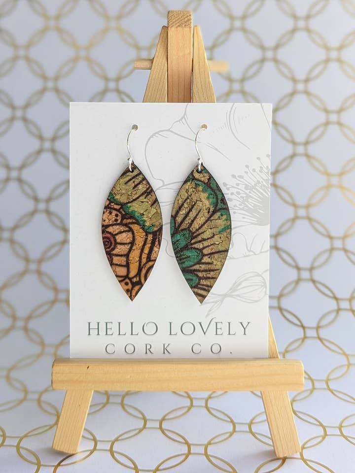 Red and Blue Dahlia Cork Earrings - Small Leaf for wholesale by Hello Lovely Cork Co.