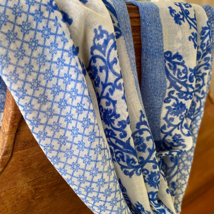 Indigo Handloom - Wholesale Scarf - Women's - Mixed Print Wool - Blue1