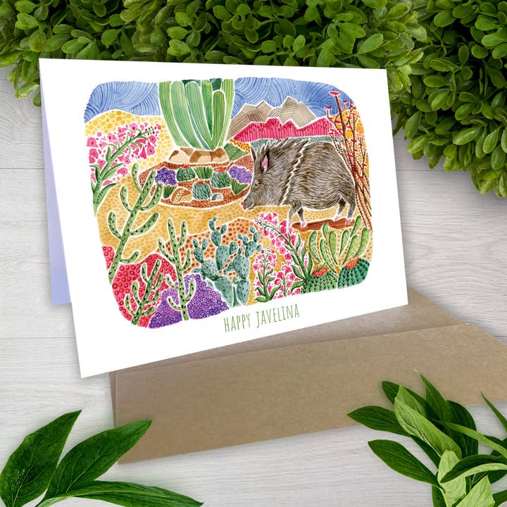 Javelina Desert Scene 5 x 7 Southwest Greeting Card for wholesale by Mary M Spencer Design