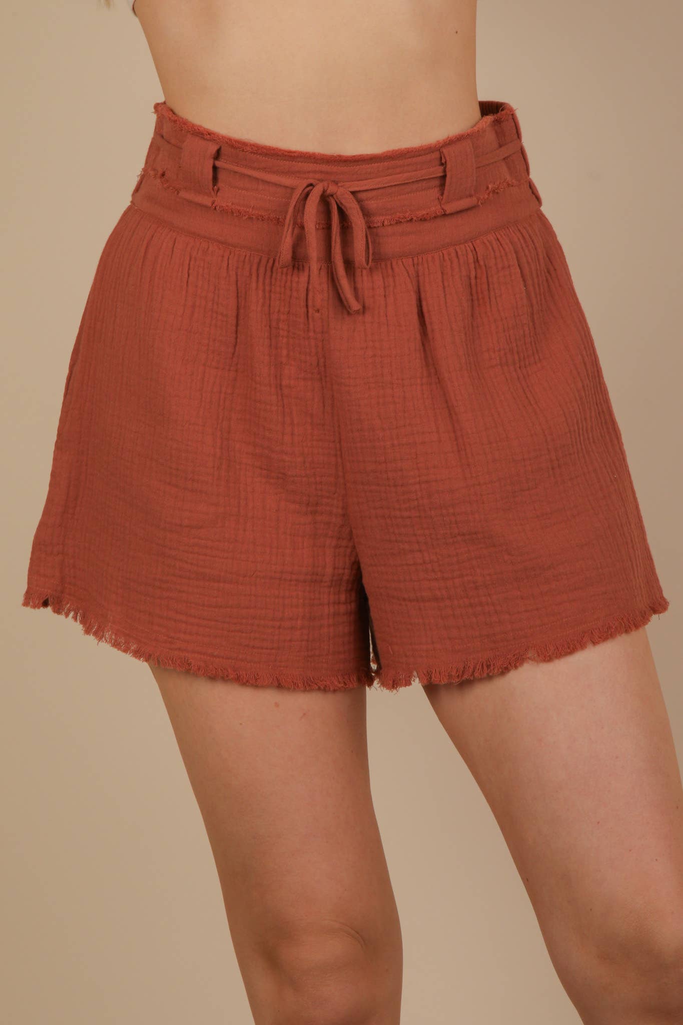 VERY J - Wholesale Shorts - Women's - NP70879-Cotton Gauze Shorts W/ Front Tie0