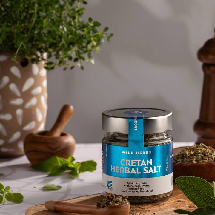Laconic Foods – Großhandel Gewürzmischungen – Kretisches Kräuter-Meersalz | Handgeerntetes Fleur de Sel & wilde griechische Kräuter | 75g3
