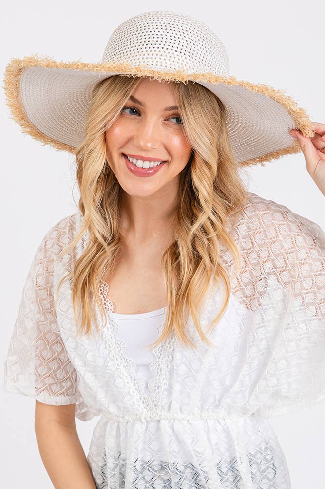 Hana - Vendita all'ingrosso Cappello di paglia - Donna - Cappello Estivo di Paglia a Tesa Larga Bicolore con Bordo Sfilacciato30