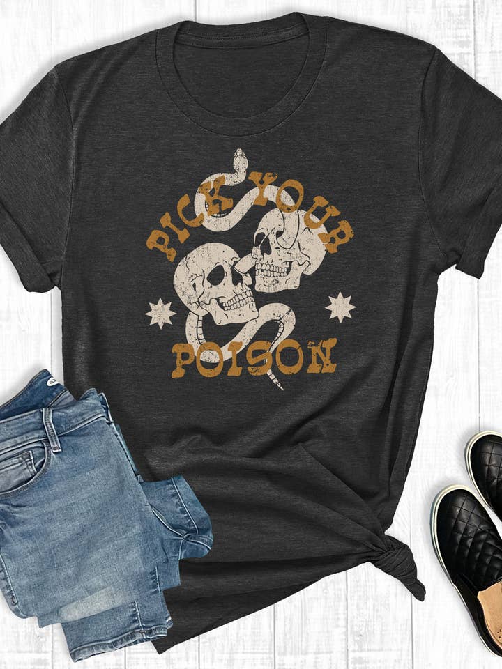 Charcoal Western Pick Your Poison Graphic Tee for wholesale on Faire