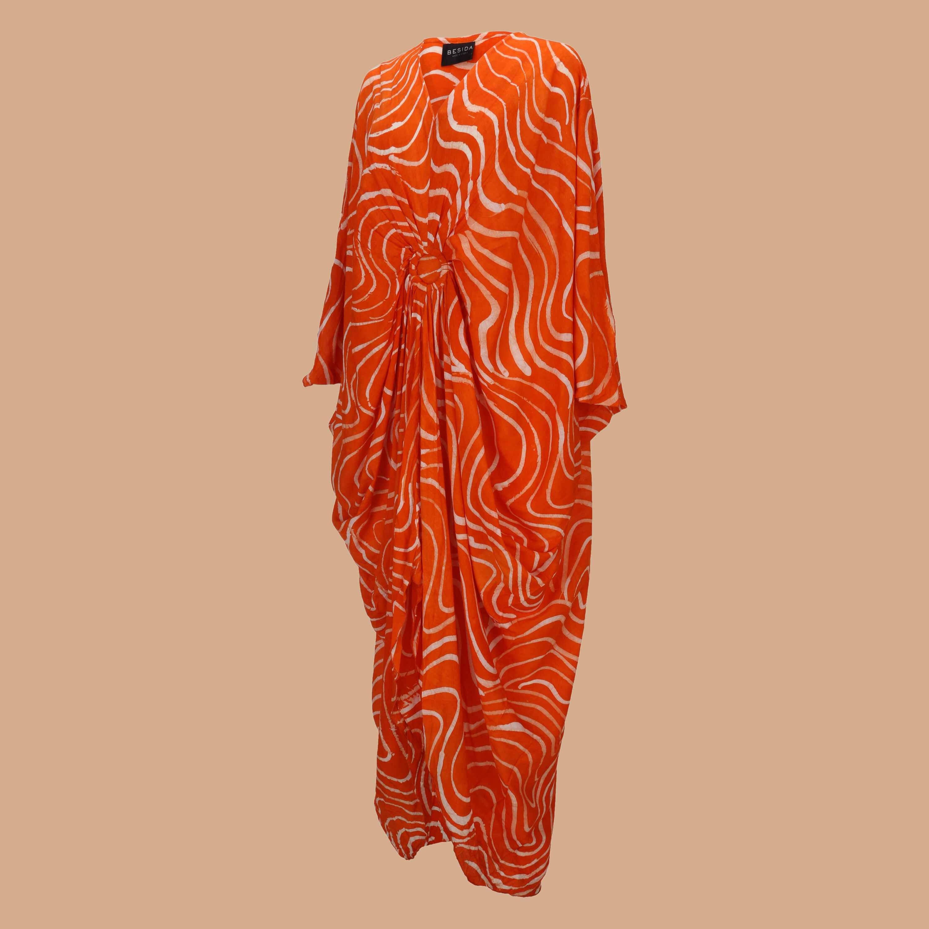 Besida – Kaftan - Mulher por atacado – Vestido Kaftan com estampa africana Tingido à Mão Ala Laranja4
