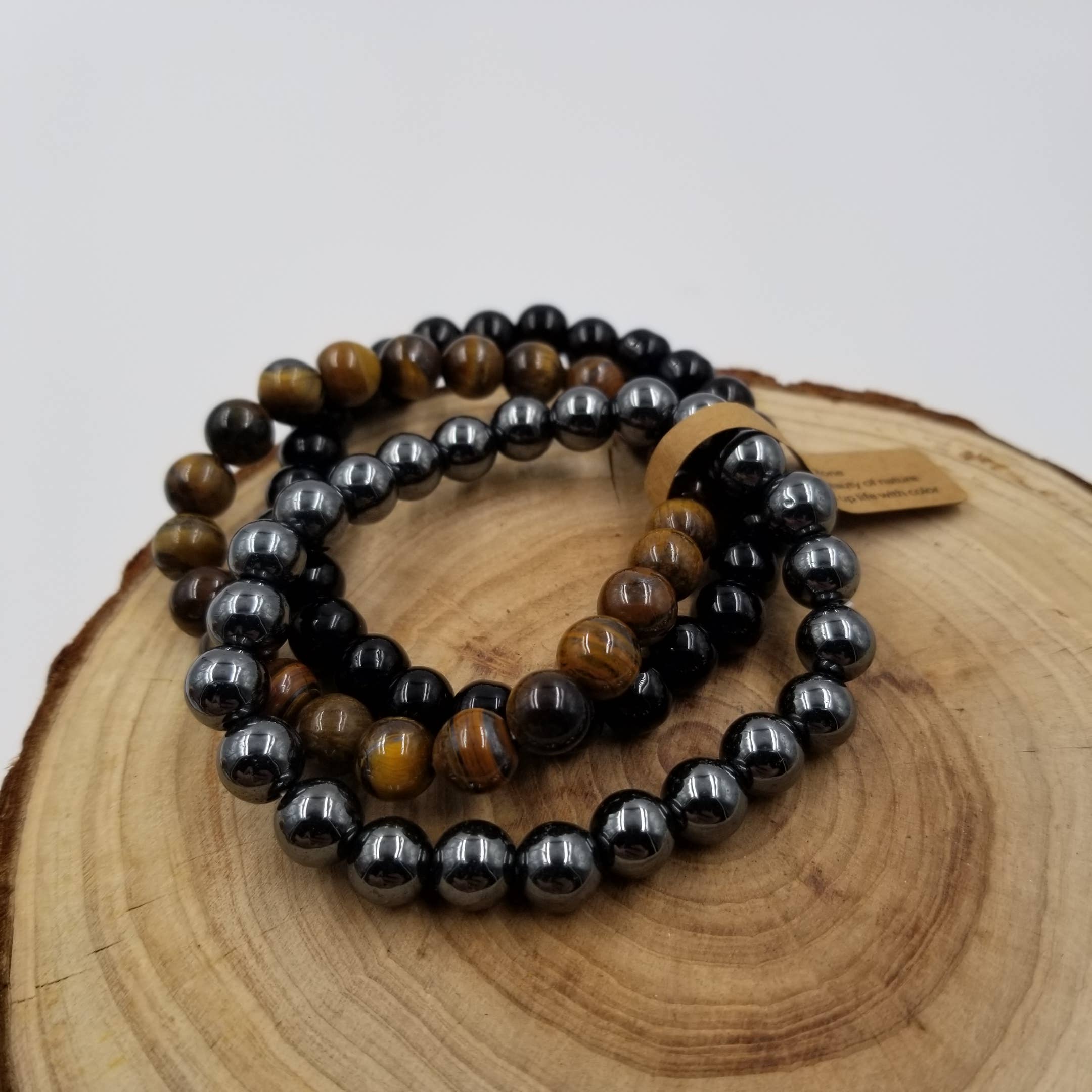 CHAKRA JEWELRY – Pulseira de missangas por atacado – Conjunto de 3 pérolas de Obsidiana e Olho de Tigre com Rótulo2