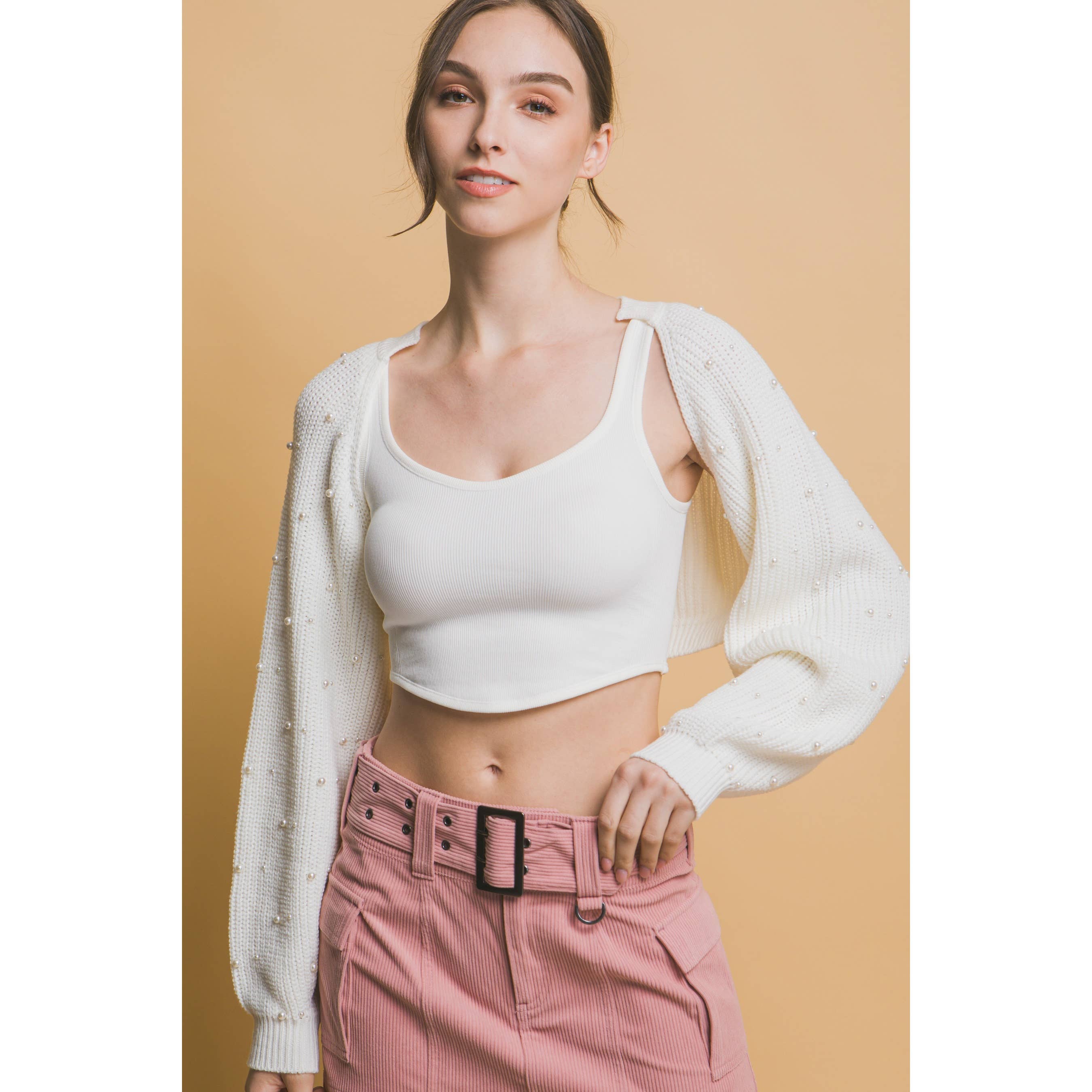 ITSSY - Vente Cardigan – femme - Boléro à manches longues en perles nacrées6
