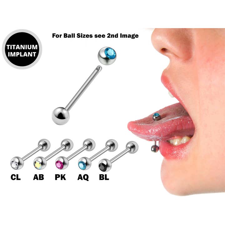 Titanium Tongue Piercing Bar, Barbell Stud with Gem Ball CZ for wholesale by Bodytrend