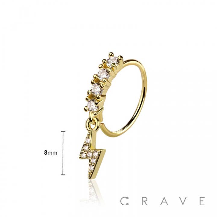 CRAVE BODY JEWELRY - Wholesale Nose Ring - CZ LIGHTNING BOLTPRONG DANGLE ROUND CZ GEM O-RING NOSE HOOP