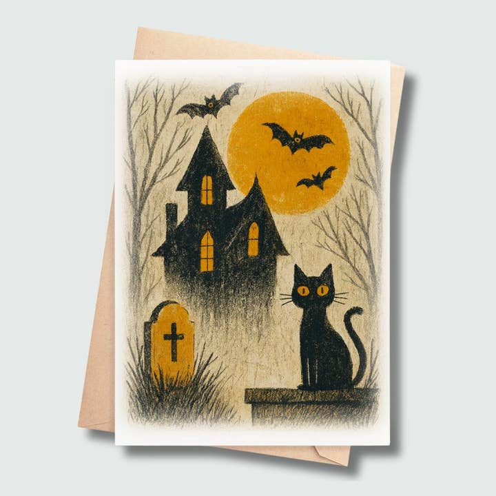 Halloween-Karte – Schwarze Katze & Spukhaus für den Großhandel von SP Gifts